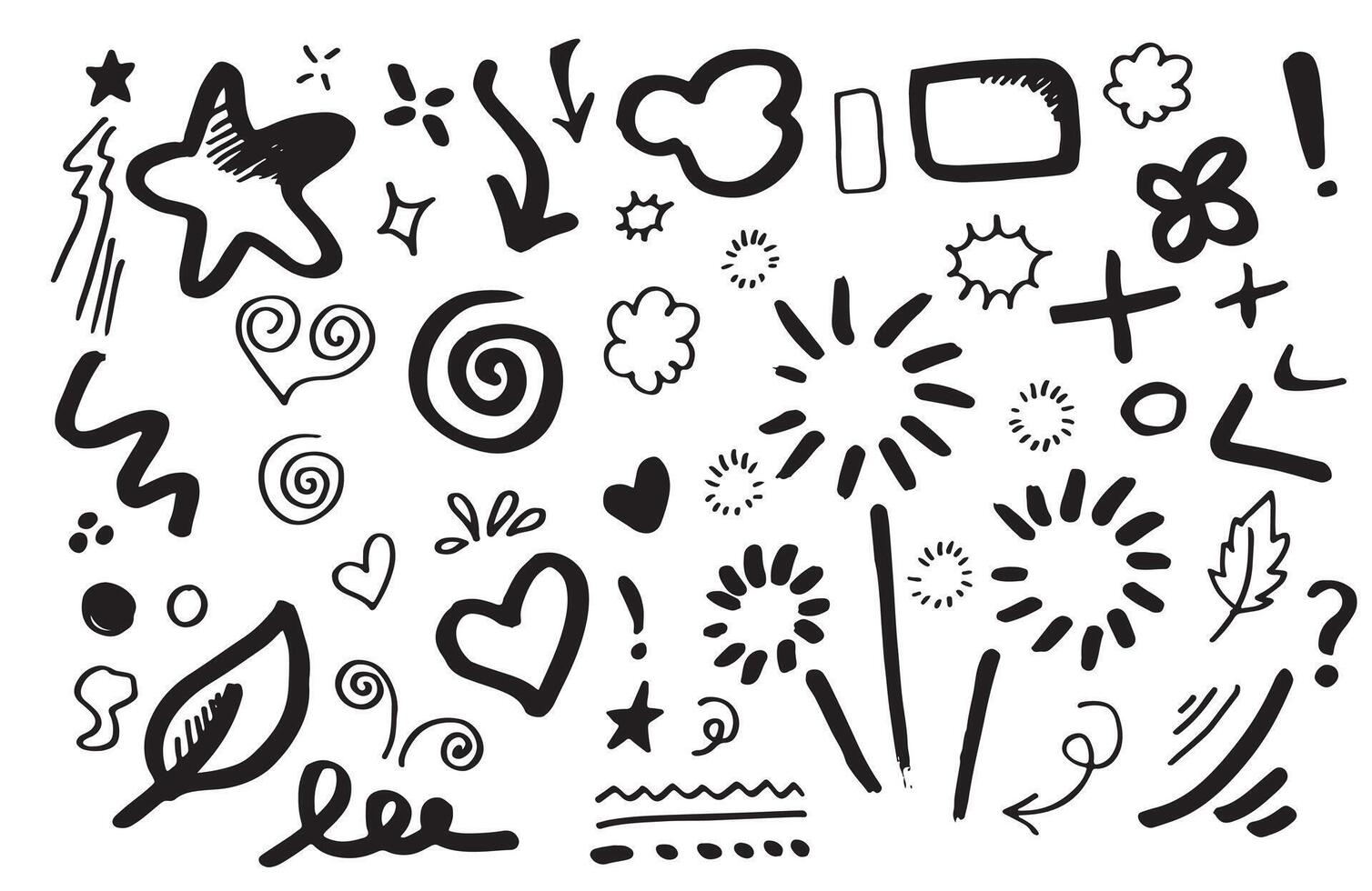 Hand drawn set elements, black on white background. Arrow, heart, love, star, leaf, sun, light, flower, crown, king, queen,Swishes, swoops, emphasis ,swirl, heart, for vector