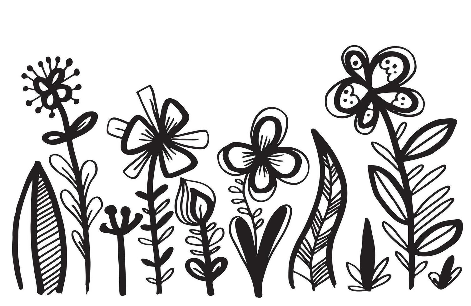 Black silhouettes of grass, flowers and herbs isolated on white background. Hand drawn sketch flowers. vector