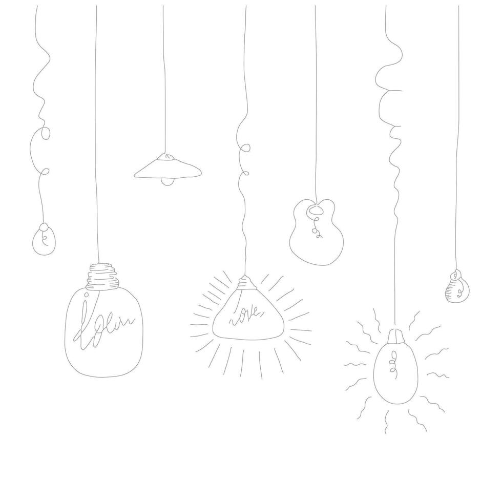 Hand drawn light bulb icons with concept of idea. Doodle style. Vector illustration.