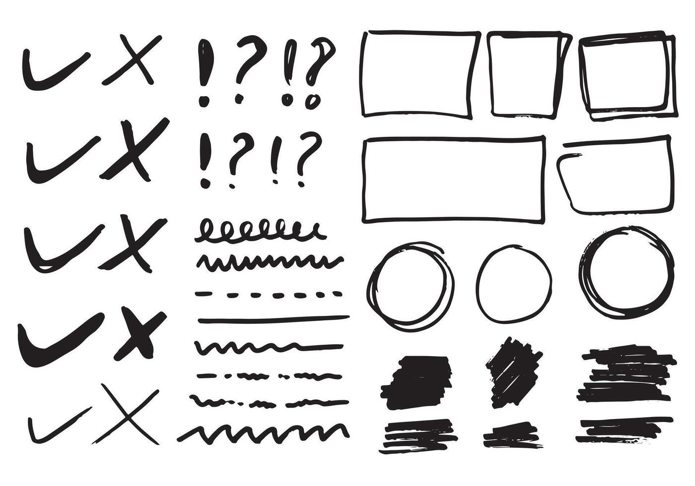 Doodle vector lines and curves.Hand drawn check and arrows signs. Set of simple doodle lines, curves, frames and spots. Collection of pencil effects. Doodle border. Simple doodle set.