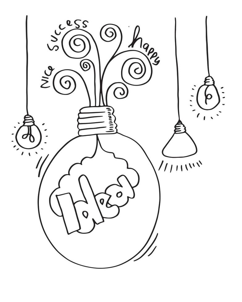 Hand drawn light bulb icons with concept of idea. Doodle style. Vector illustration.