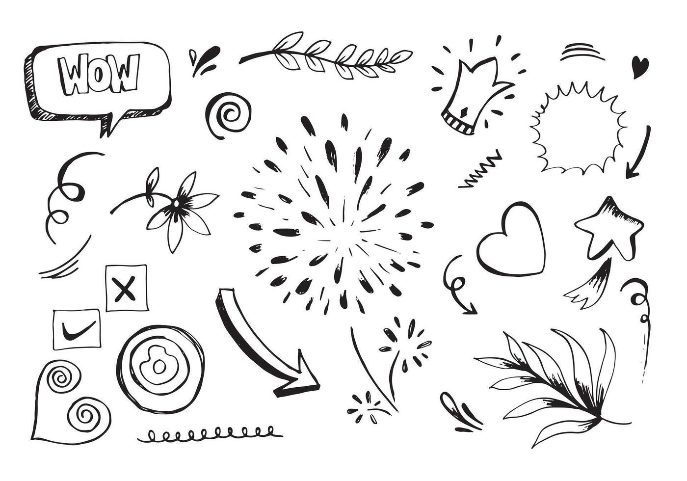 hand drawn set element,black on white background.arrow,heart,love,star,leaf,sun,light,flower,daisy,crown,king,queen,swishes,swoops,emphasis,swirl,heart,for concept design vector