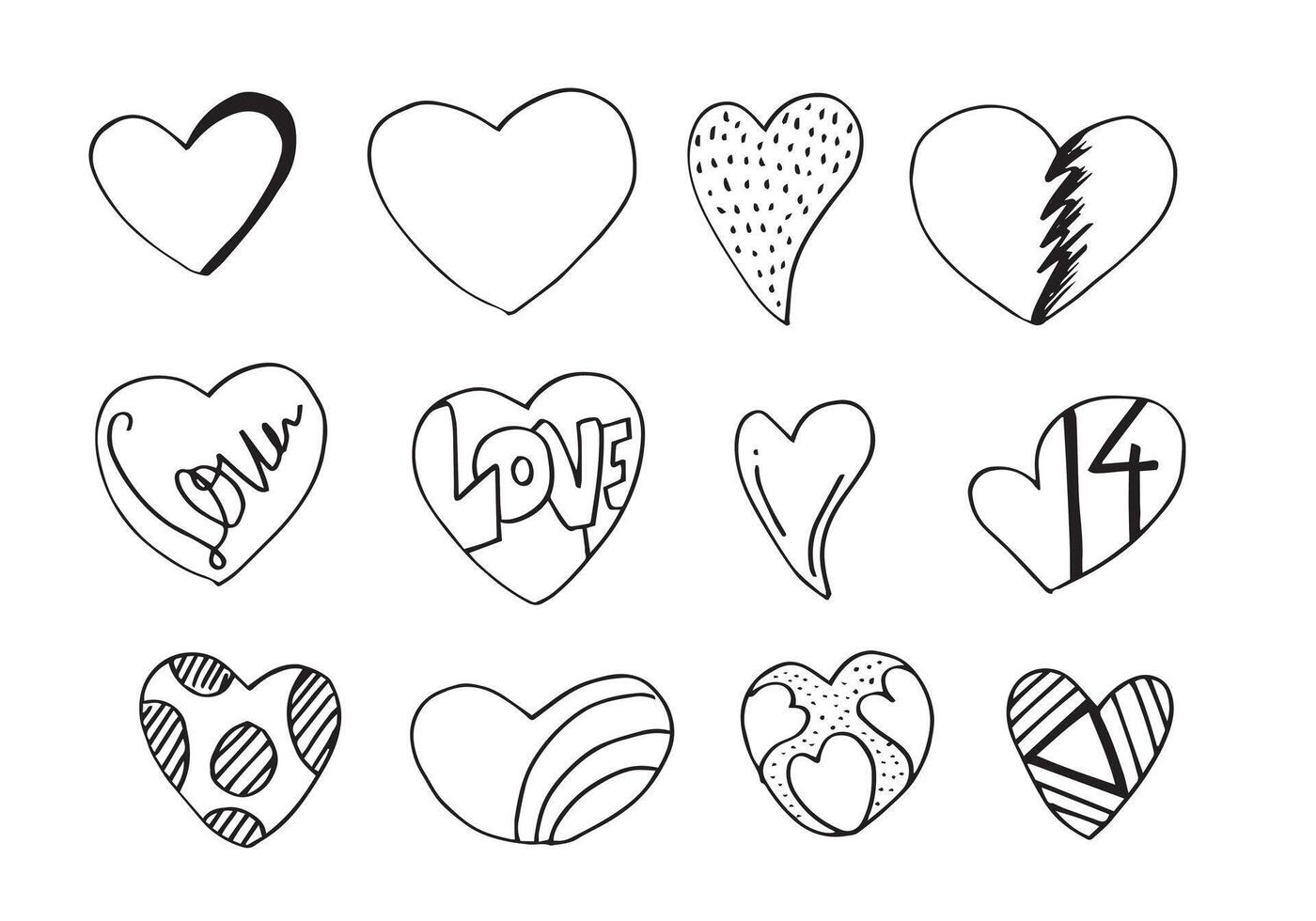 hand drawn doodles set for Valentine's Day. collection of beautiful hearts and writings Love. Vector illustration.