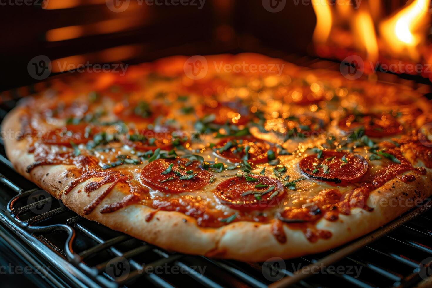 AI generated View inside the oven tray baking pizza professional advertising food photography photo