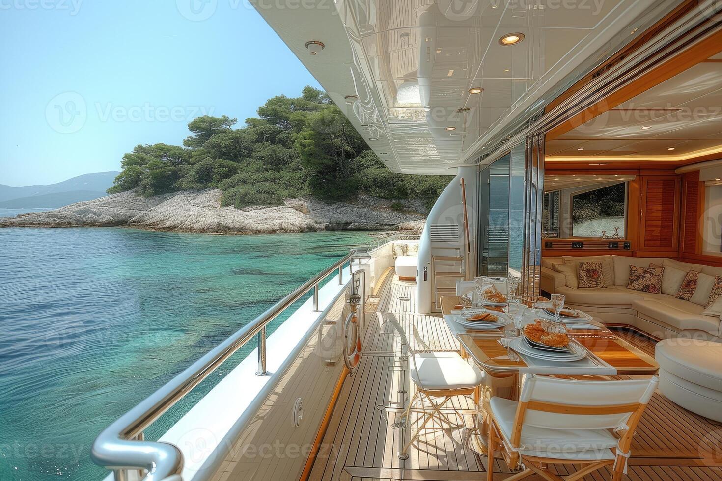 AI generated Dining table on the upper deck fancy yacht professional advertising food photography photo