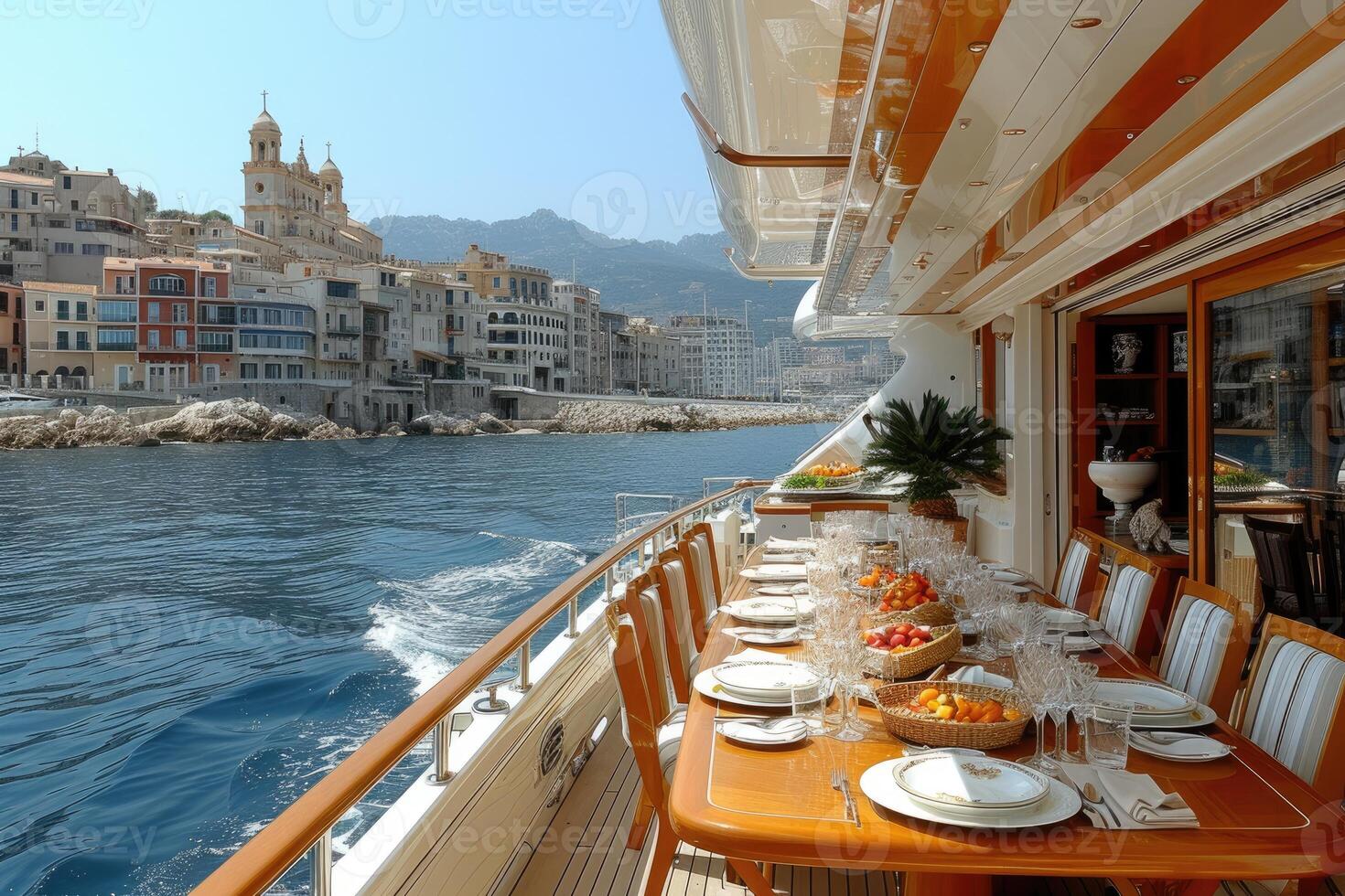 AI generated Dining table on the upper deck fancy yacht professional advertising food photography photo