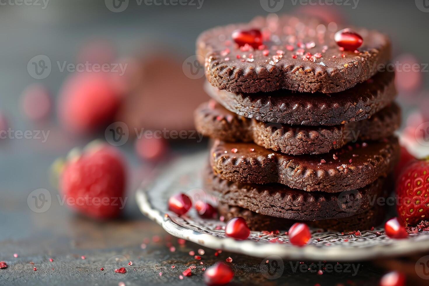 AI generated heart chocolate cookies flying in the air professional advertising food photography photo