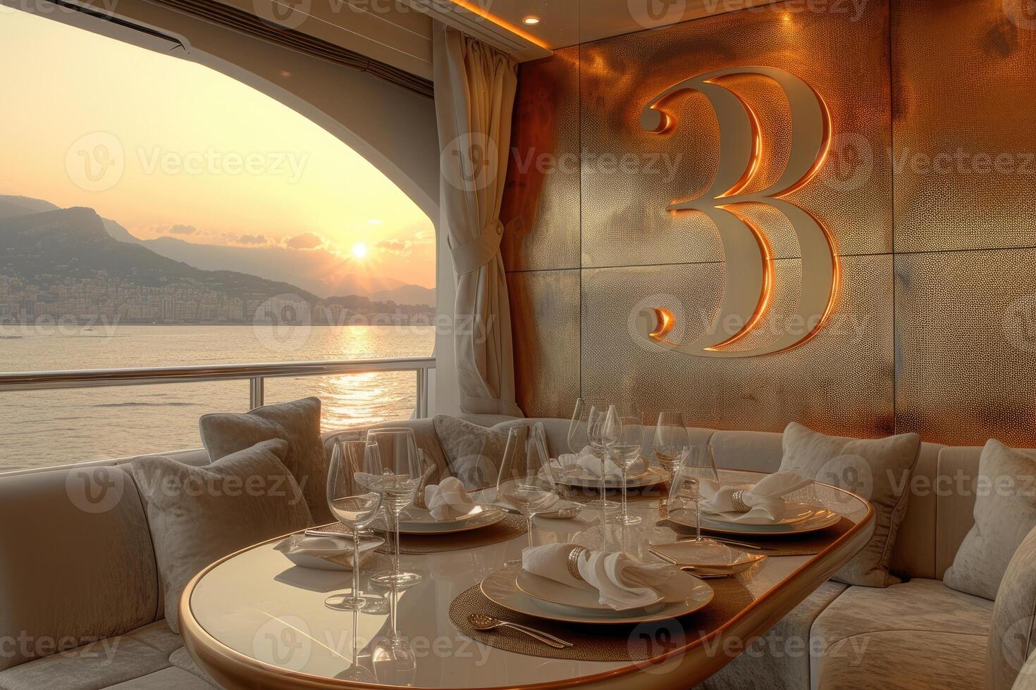 AI generated Dining table on the upper deck fancy yacht professional advertising food photography photo