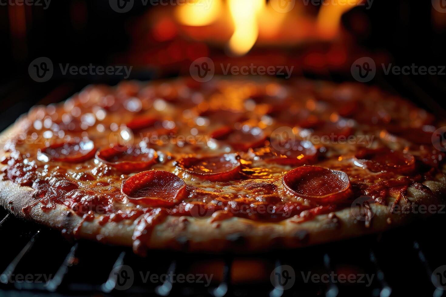 AI generated View inside the oven tray baking pizza professional advertising food photography photo