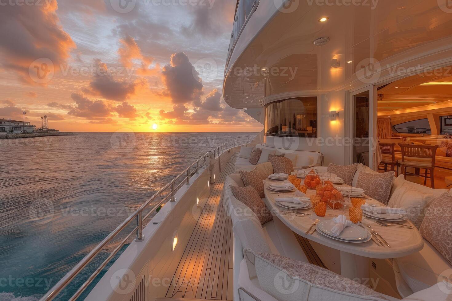 AI generated Dining table on the upper deck fancy yacht professional advertising food photography photo