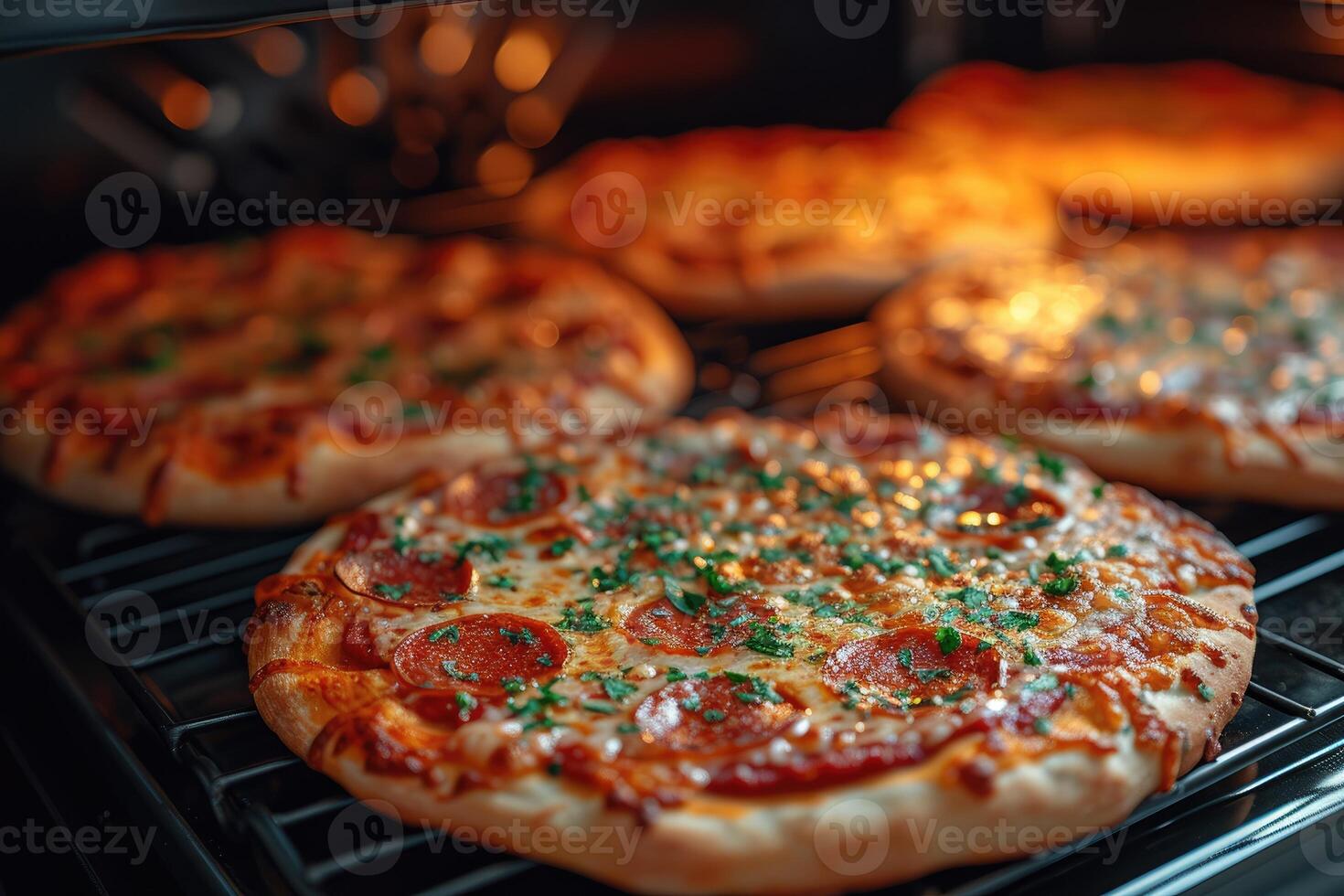 AI generated View inside the oven tray baking pizza professional advertising food photography photo