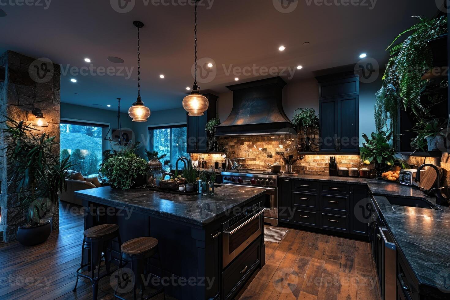 AI generated modern kitchen design with wooden flooring interior professional advertising photography photo