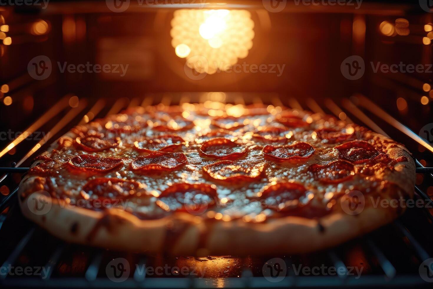 AI generated View inside the oven tray baking pizza professional advertising food photography photo