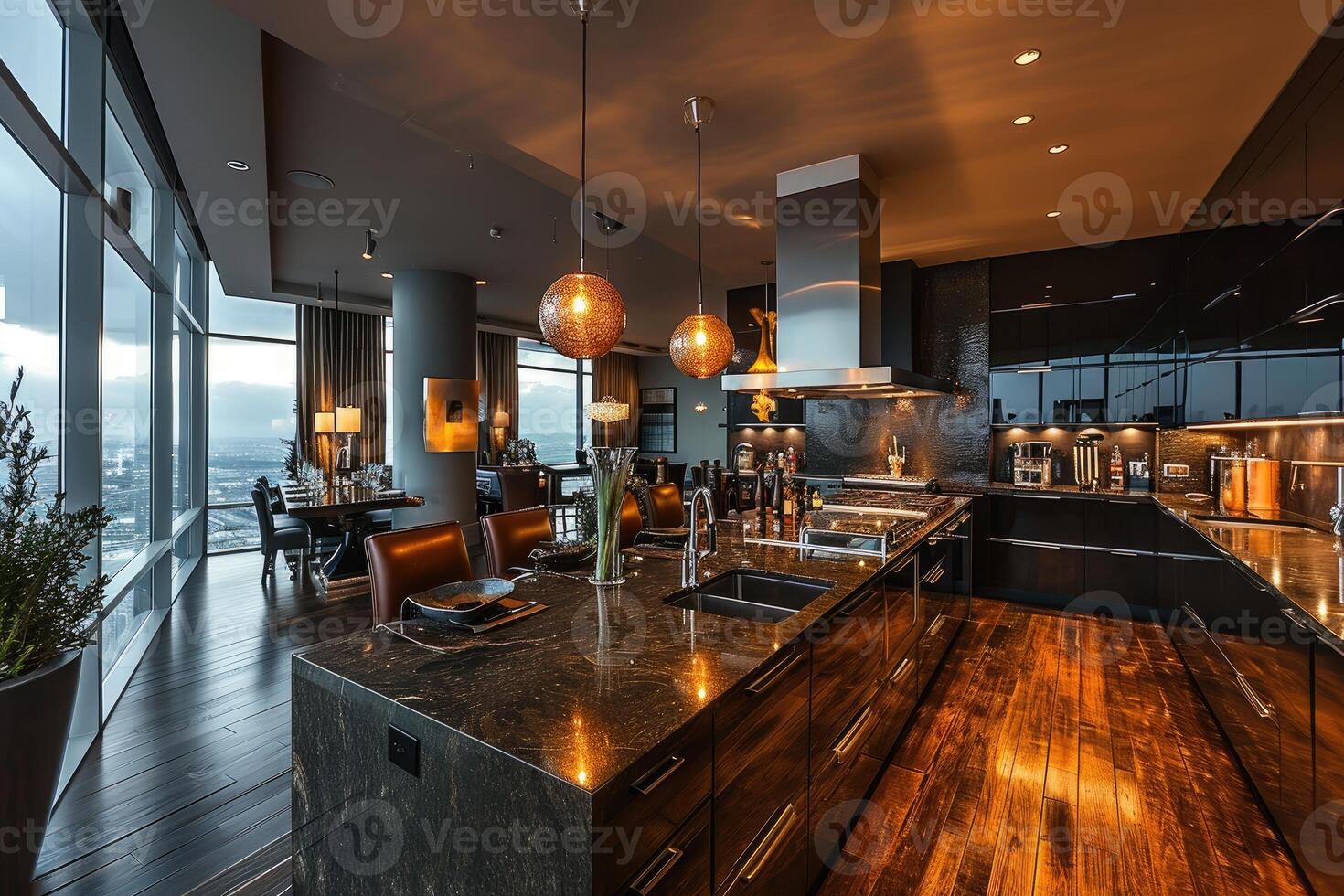 AI generated modern kitchen design with wooden flooring interior professional advertising photography photo