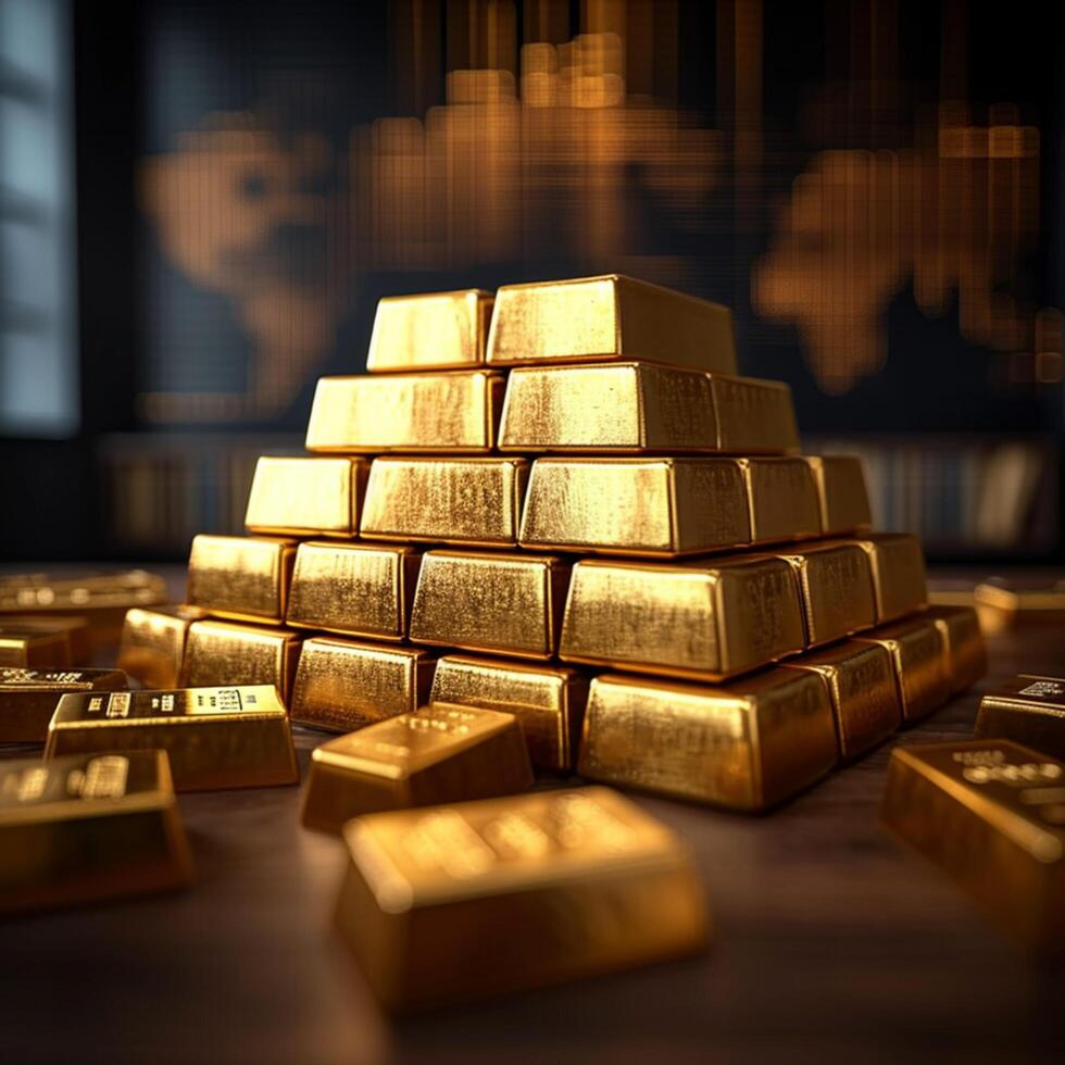 AI generated Image Gold bars stacked on a table, accentuated by a graph For Social Media Post Size photo