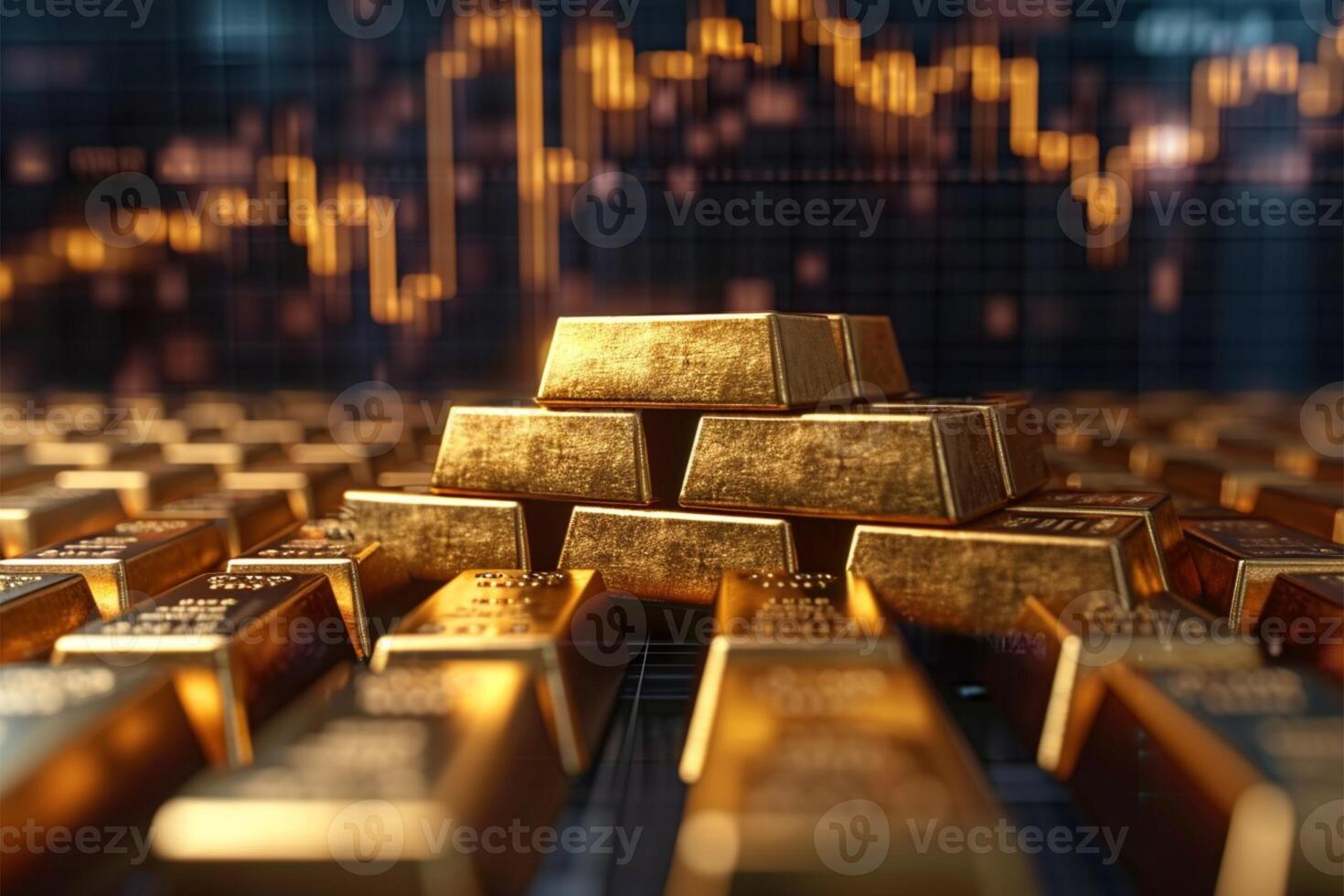 AI generated Financial planning gold bars stacked with a comprehensive stock chart photo