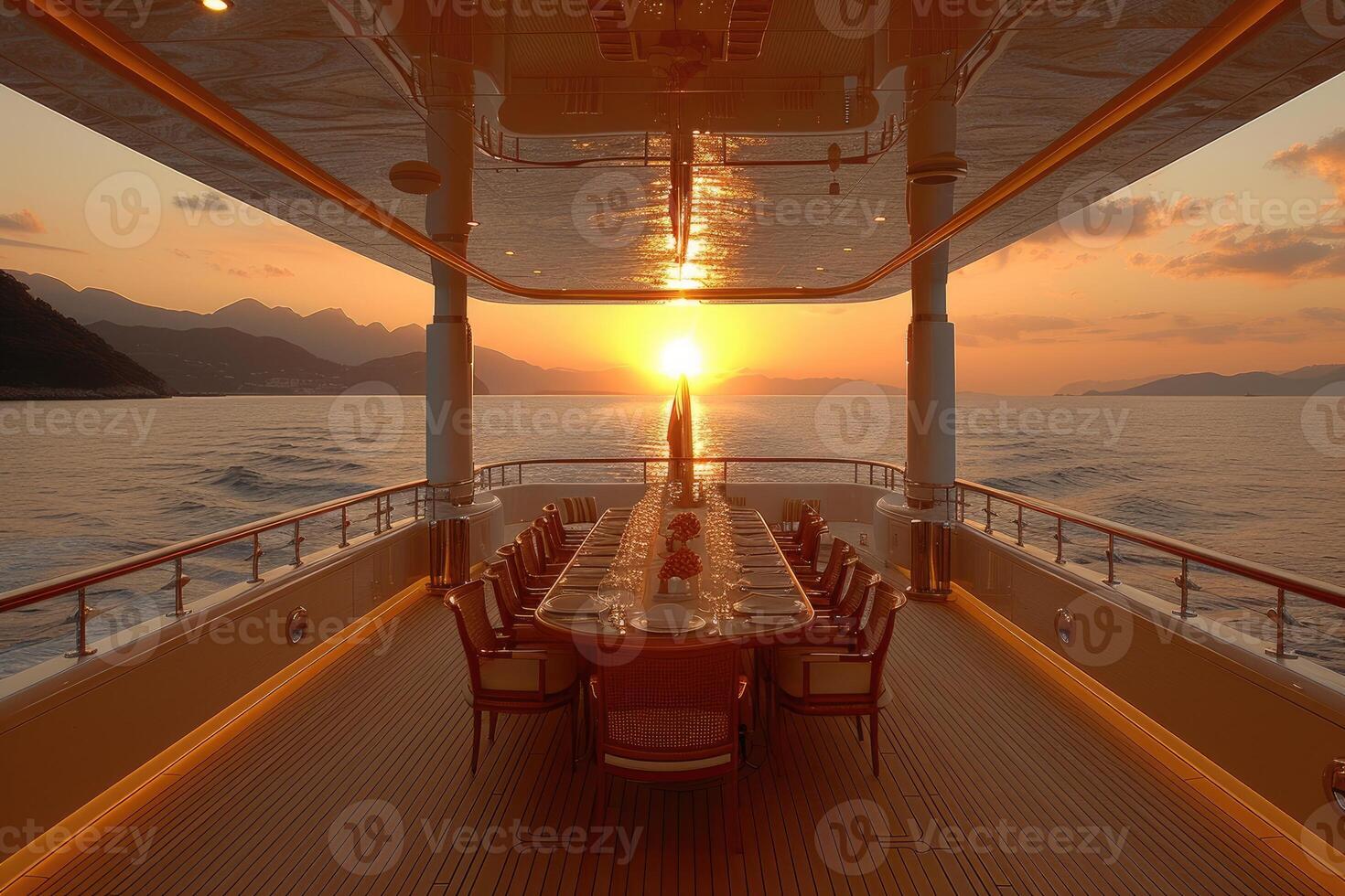 AI generated Dining table on the upper deck fancy yacht professional advertising food photography photo