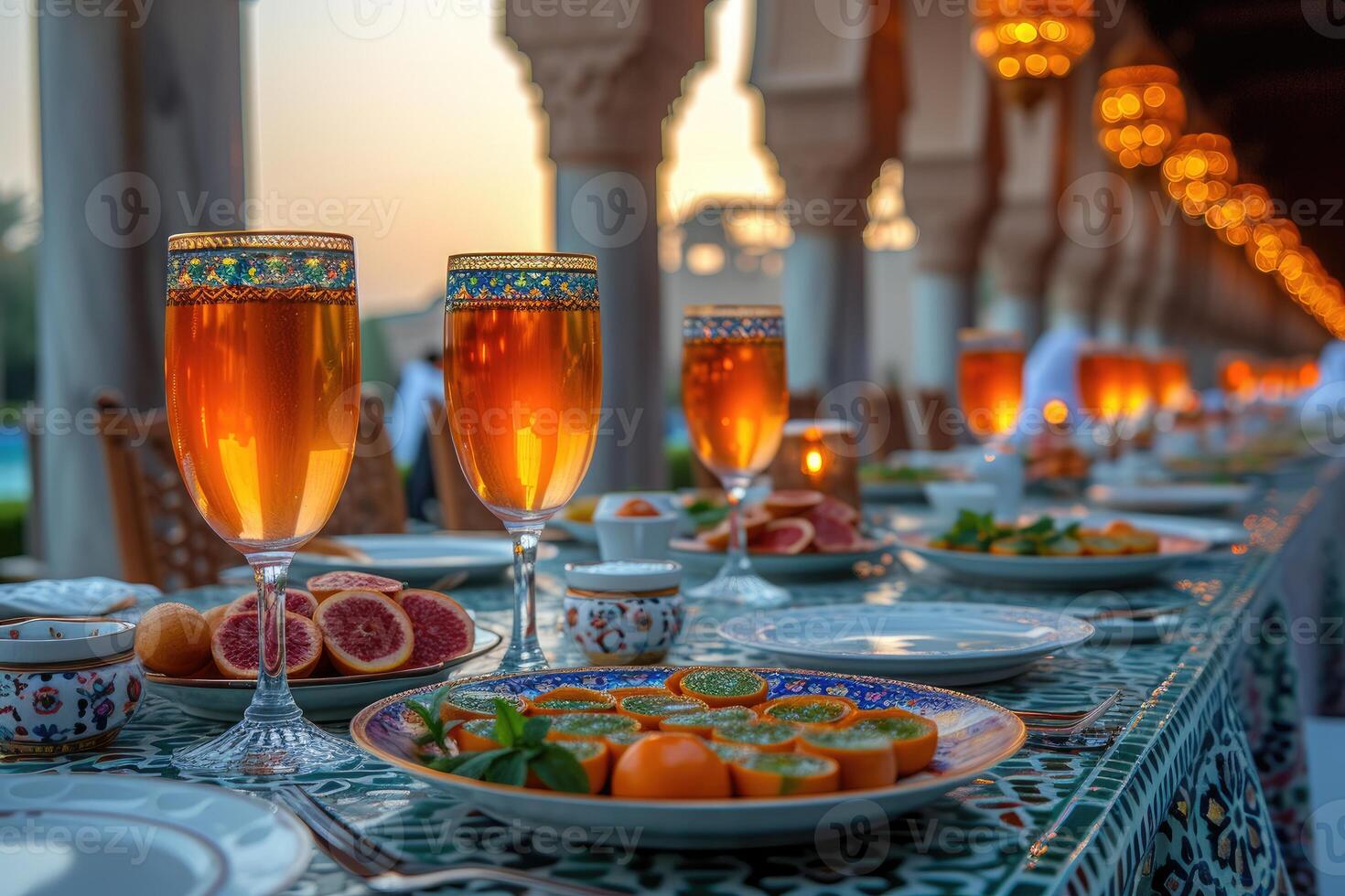 AI generated Dining table with ramadan vibes decoration Holy month of Ramadan concept professional advertising food photography photo