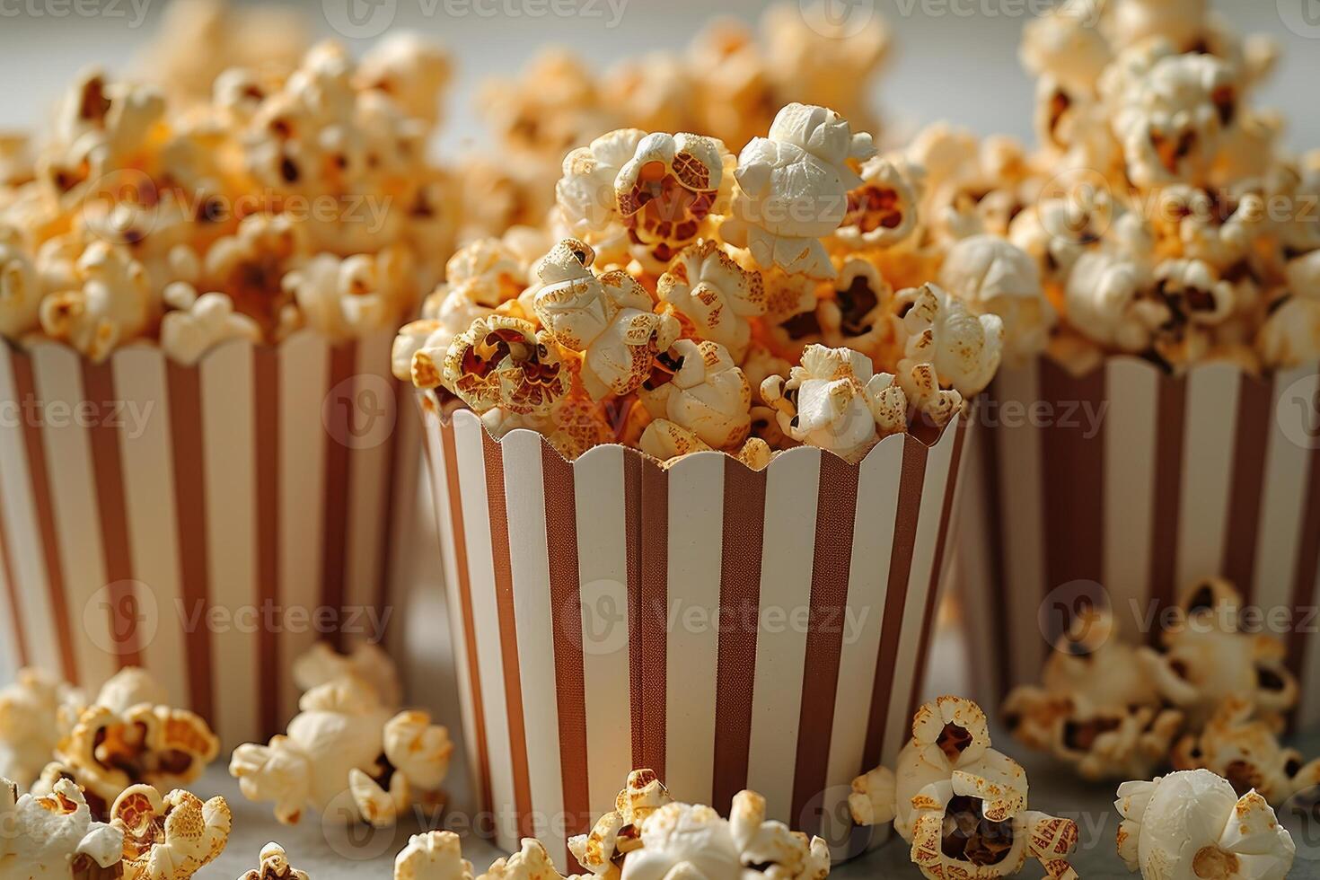 AI generated popcorn popping in striped cardboard bucket professional advertising food photography photo