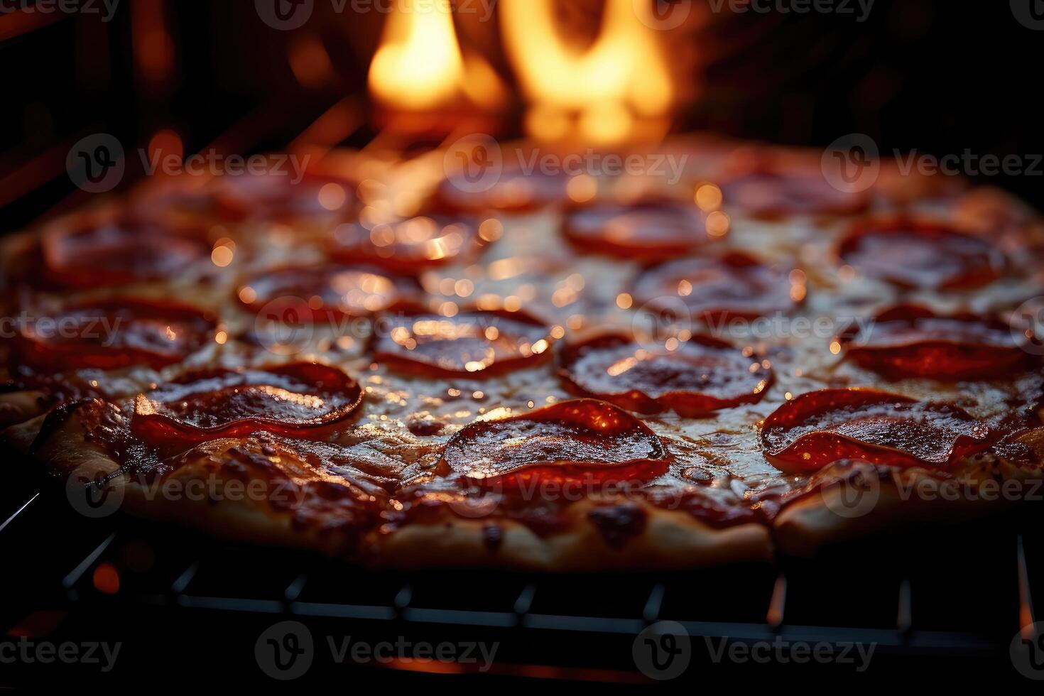 AI generated View inside the oven tray baking pizza professional advertising food photography photo