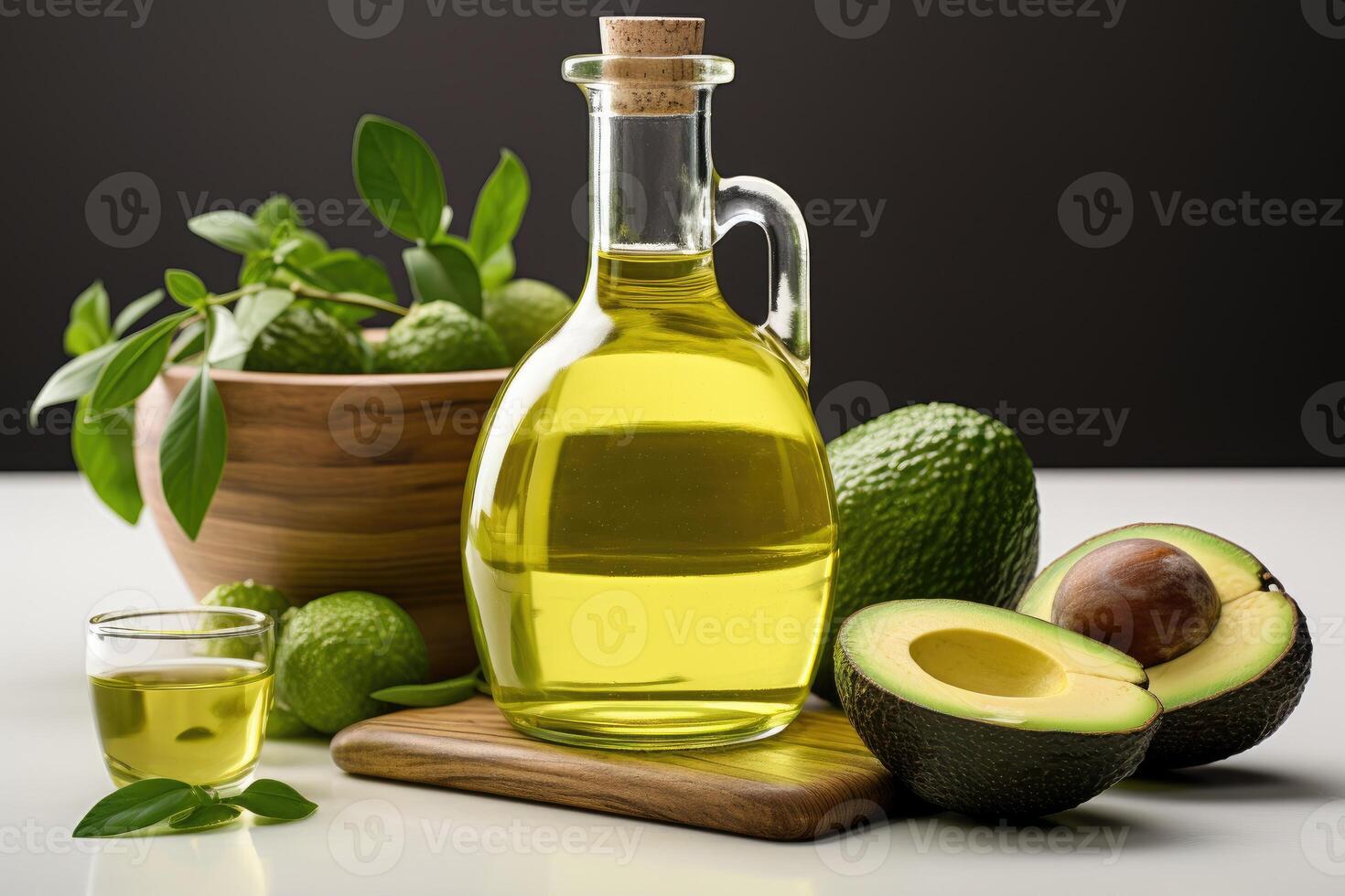 AI generated avocado oil extract with isolated kitchen table professional advertising food photography photo