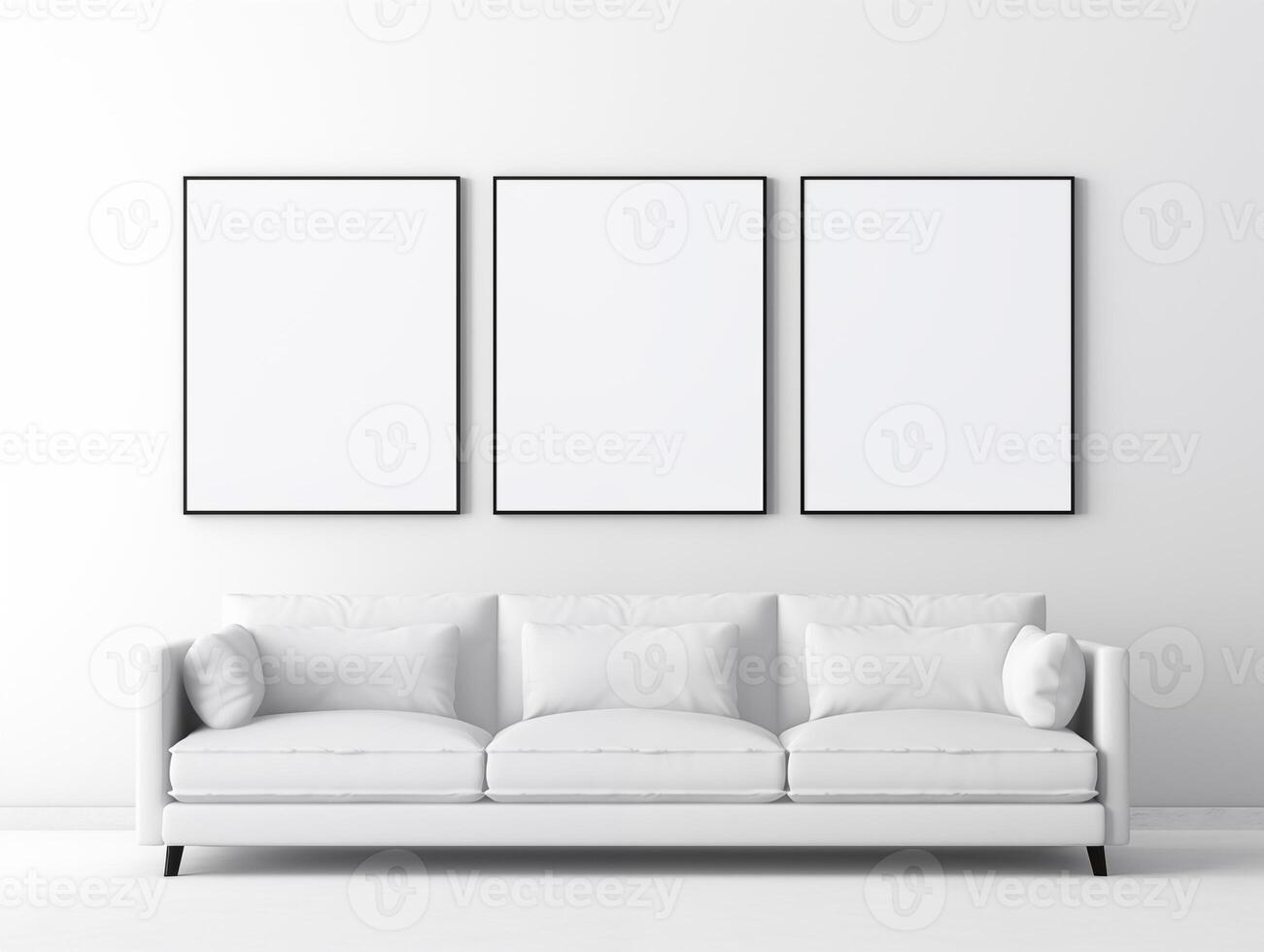 AI generated Three empty black framed wall art mockups in minimal living room, a white sofa photo