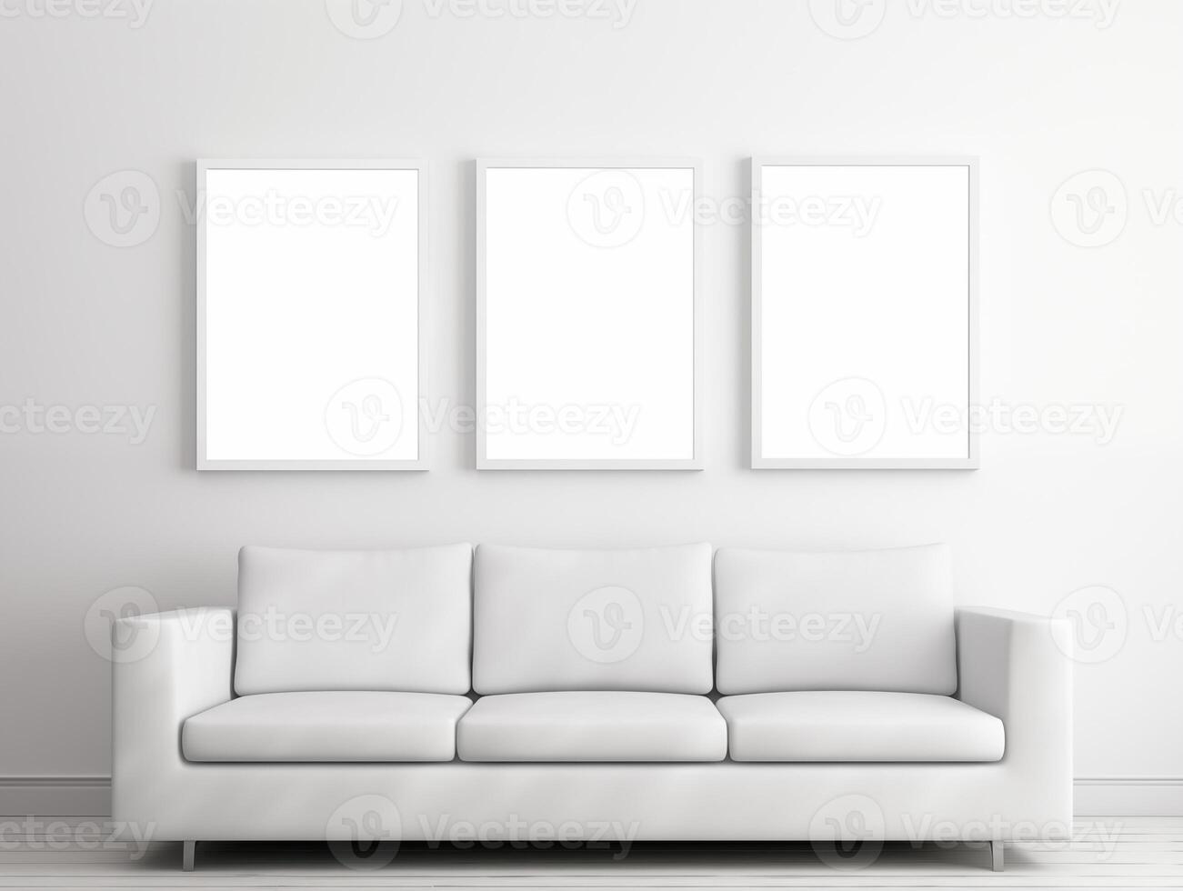 AI generated Three white frame wall prints hang on minimal white room with white sofa, clean and minimal room interior photo