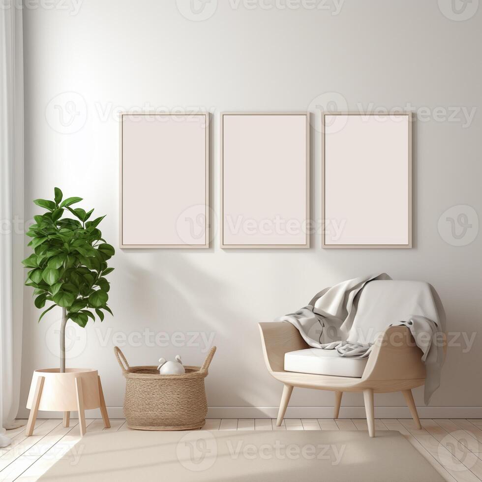 AI generated Three empty canvases on beige wall with modern living room photo