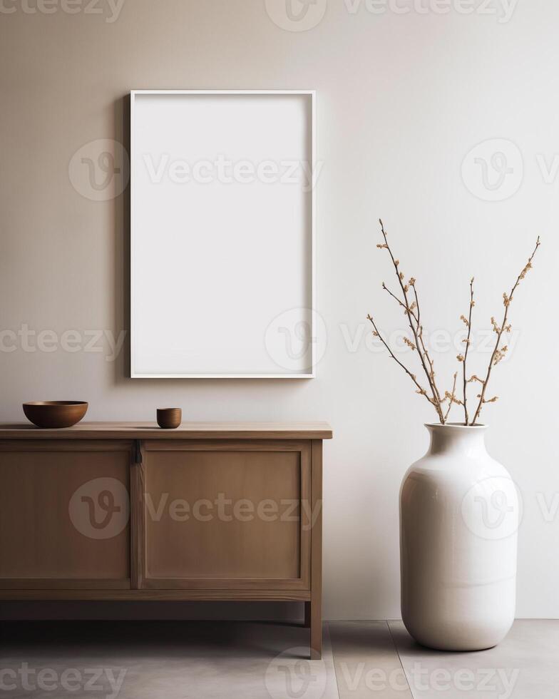 AI generated Mockup frame on a wood cabinet in the living room, white vas wth dry plant, wood cupboard photo