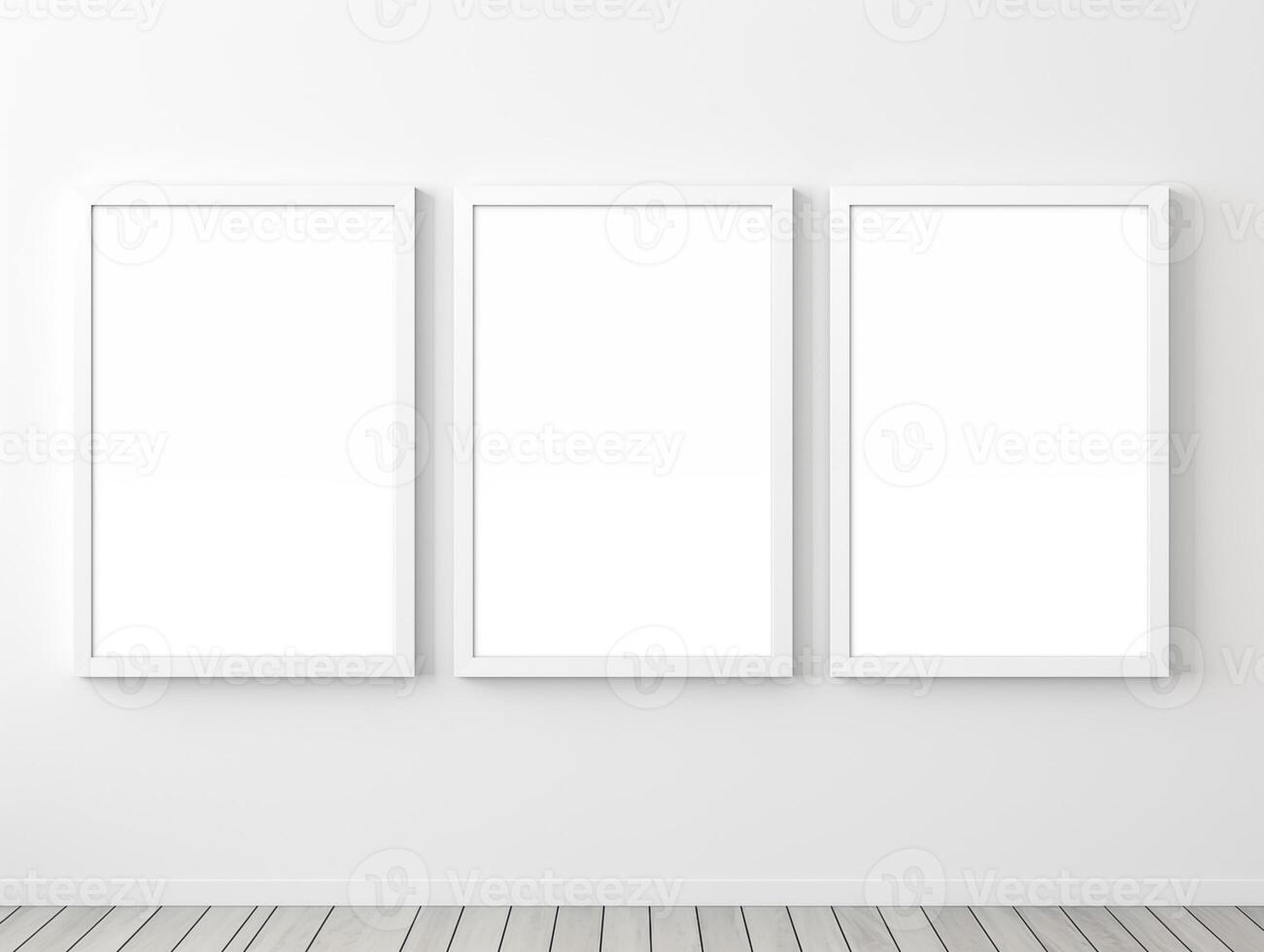 ai generado Tres blanco marco pared póster Bosquejo, blanco pared mínimo habitación, blanco de madera piso, limpiar y mínimo foto