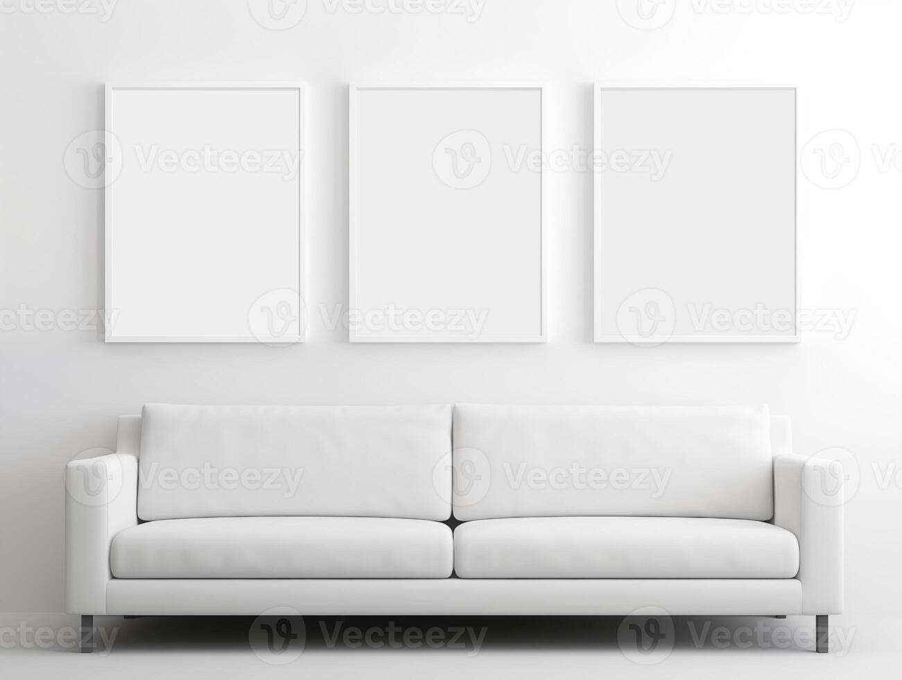 ai generado Tres vacío pared Arte Bosquejo en un mínimo vivo habitación, un blanco sofá, limpiar y mínimo habitación, blanco pared foto