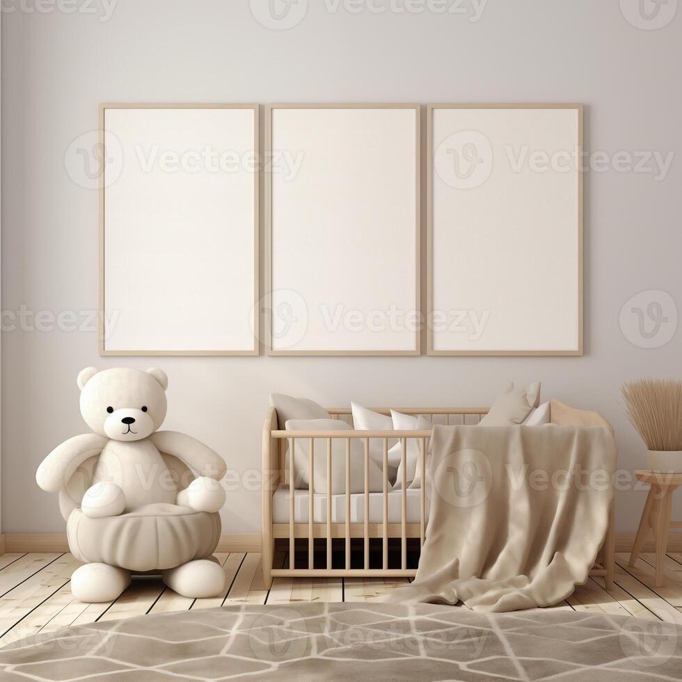 AI generated Three empty wall frame mockup in a nursery room with baby toys and baby cot bed photo