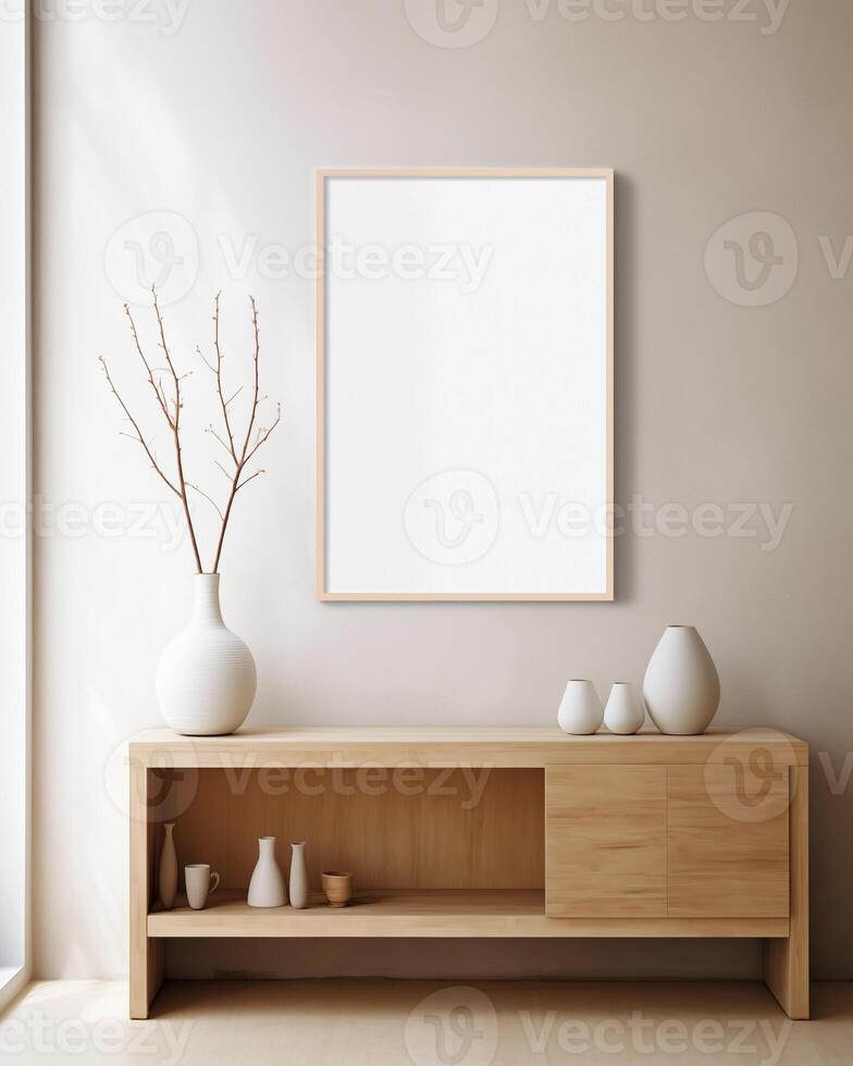 AI generated Empty blank frame  on top of a wood cupboard, minimal interior, wall print photo