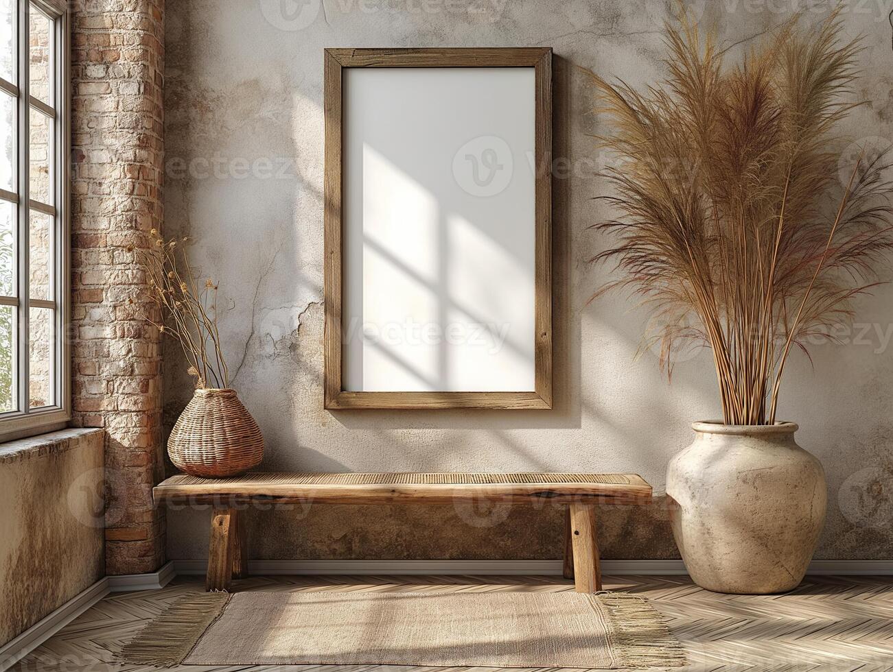 AI generated Poster frame mockup in Boho style interior, dry plants, vintage style, browny theme, photo