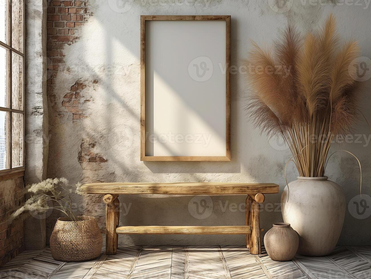 AI generated Boho-style living room with a wall art frame and a chair photo