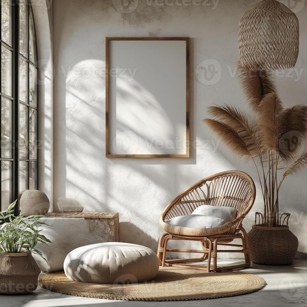 AI generated Bohemian style room wall frame mockup, vintage room,  boho interior design, boho wall art mockup photo
