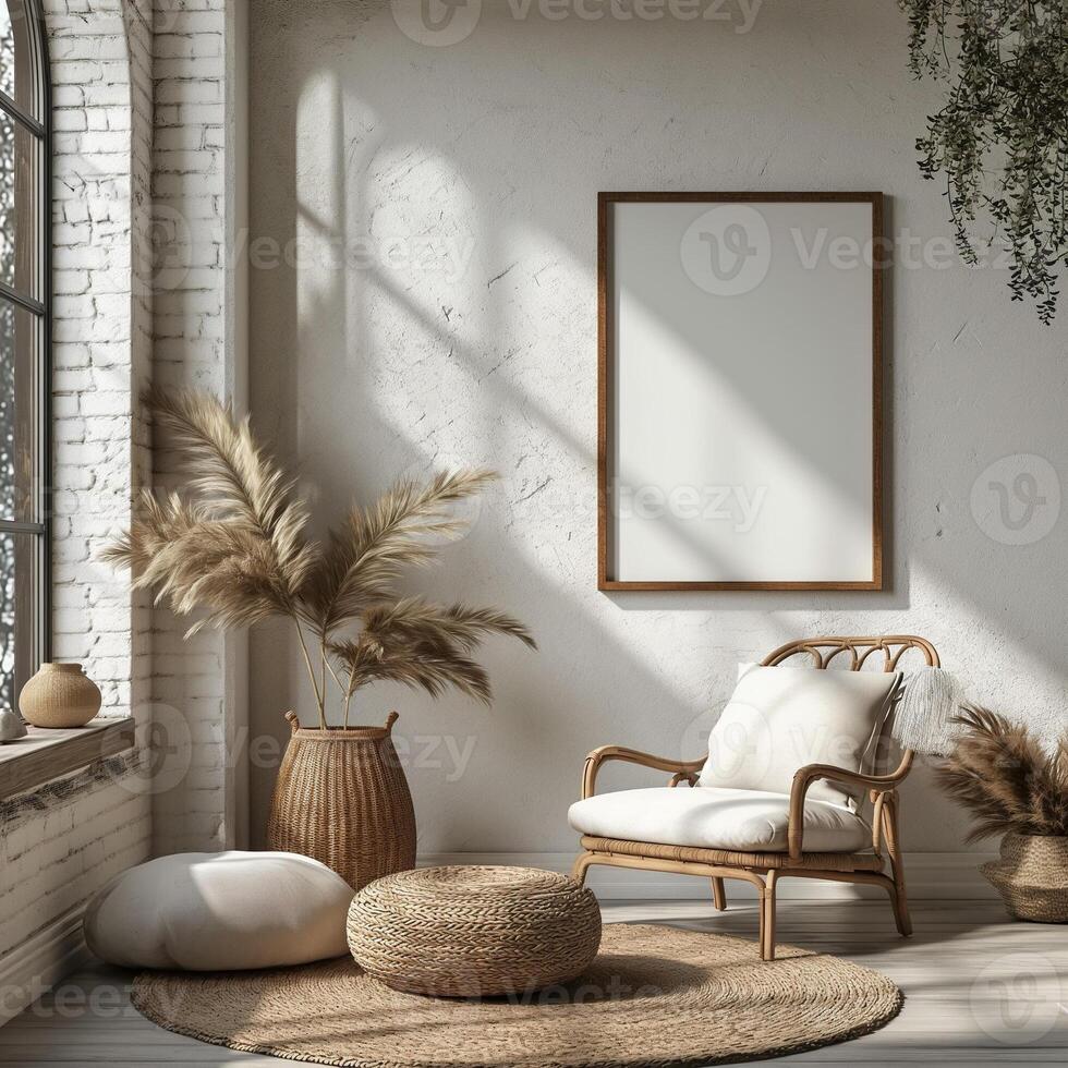 AI generated Boho-style living room with a wall art frame and a chair photo
