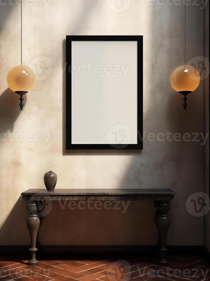 AI generated Black frame wall art mock-up in vintage room, old furniture, aesthetic room, minimal room, minimal interior photo