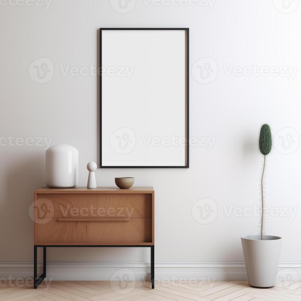 AI generated Mockup of poster frame on a wall in modern interior background, living room, minimal room photo
