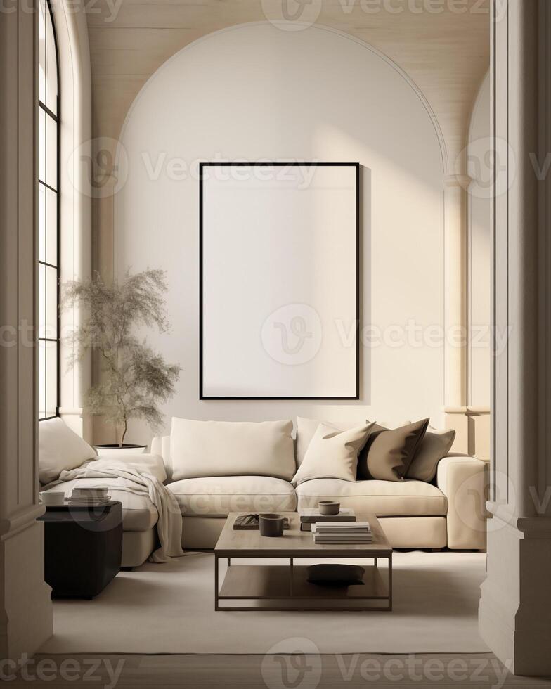 AI generated Large wall art frame mockup, living room with sofa set, window lighting photo