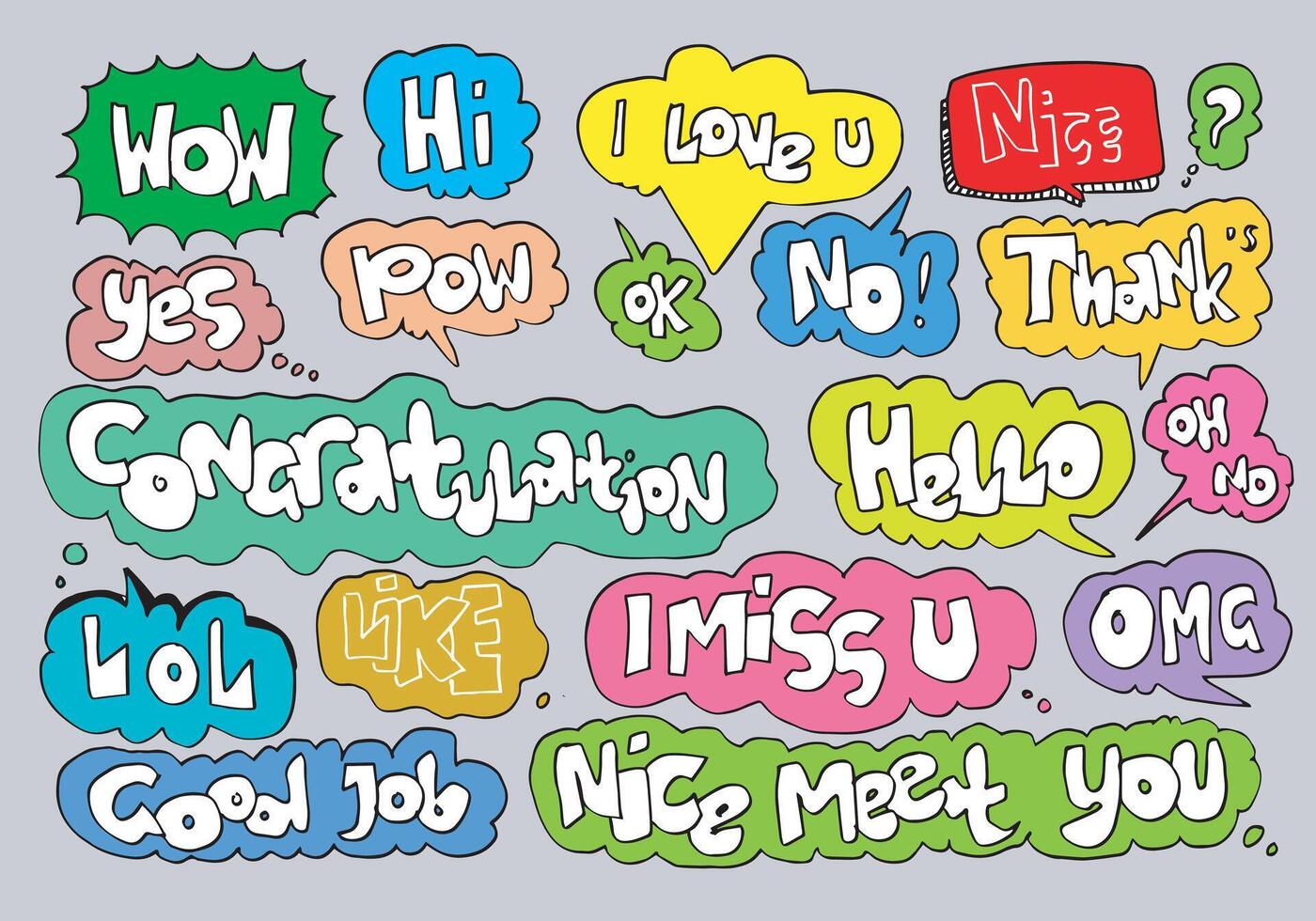 Collection of hand-drawn speech bubbles with various expressions. vector