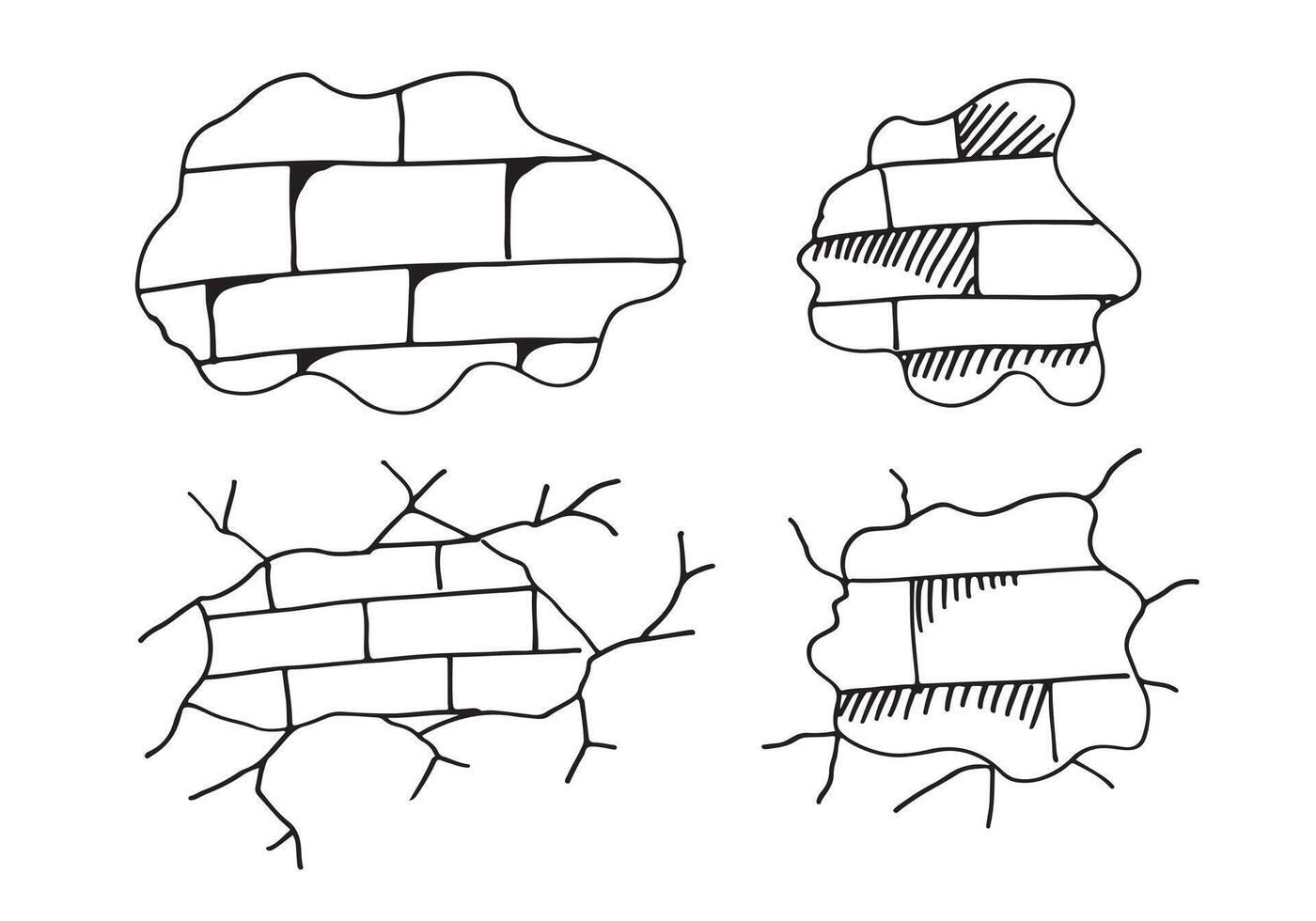 Hand-drawn set of cracked brick walls. Vector illustration.