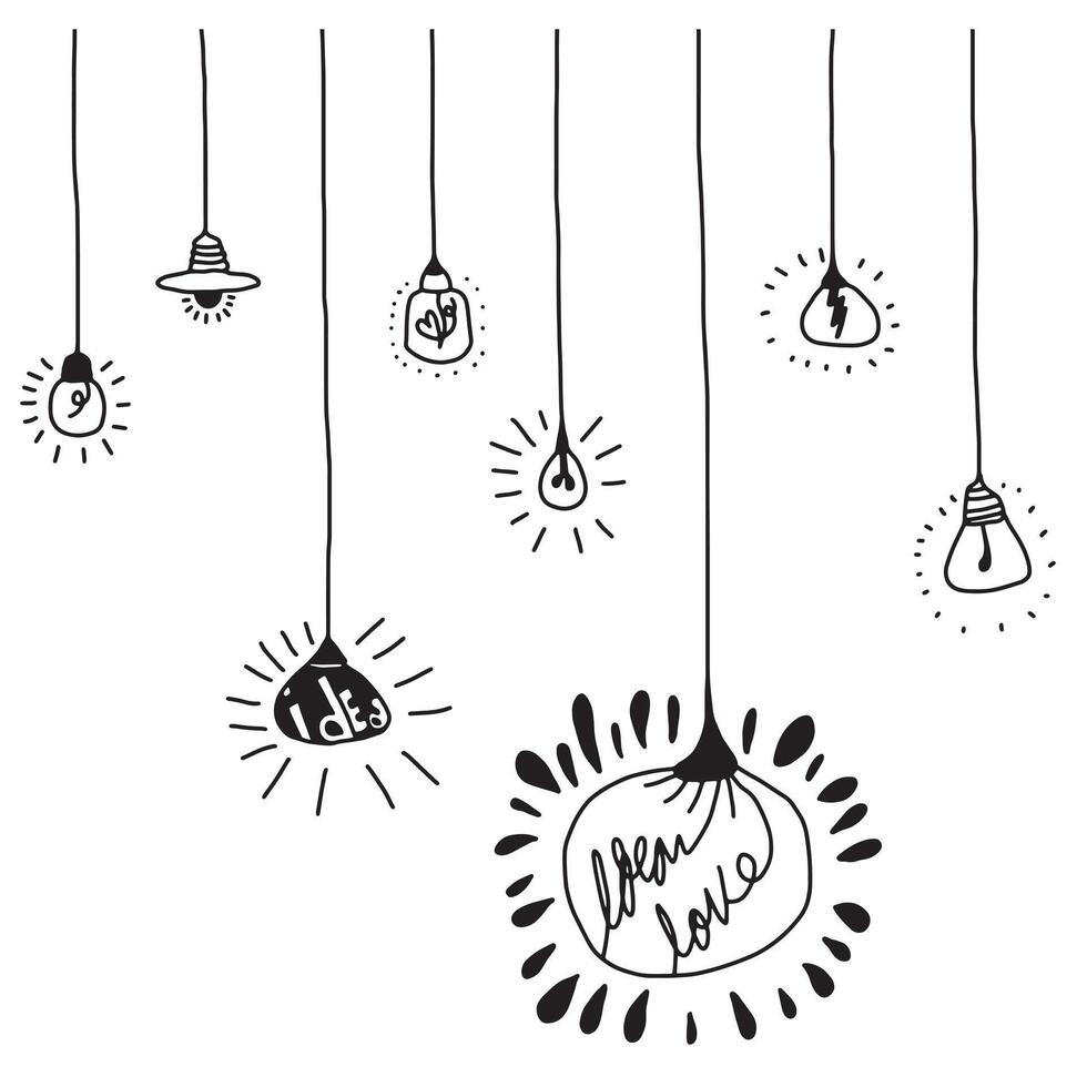 Hand drawn light bulb icons with concept of idea. Doodle style. Vector illustration.