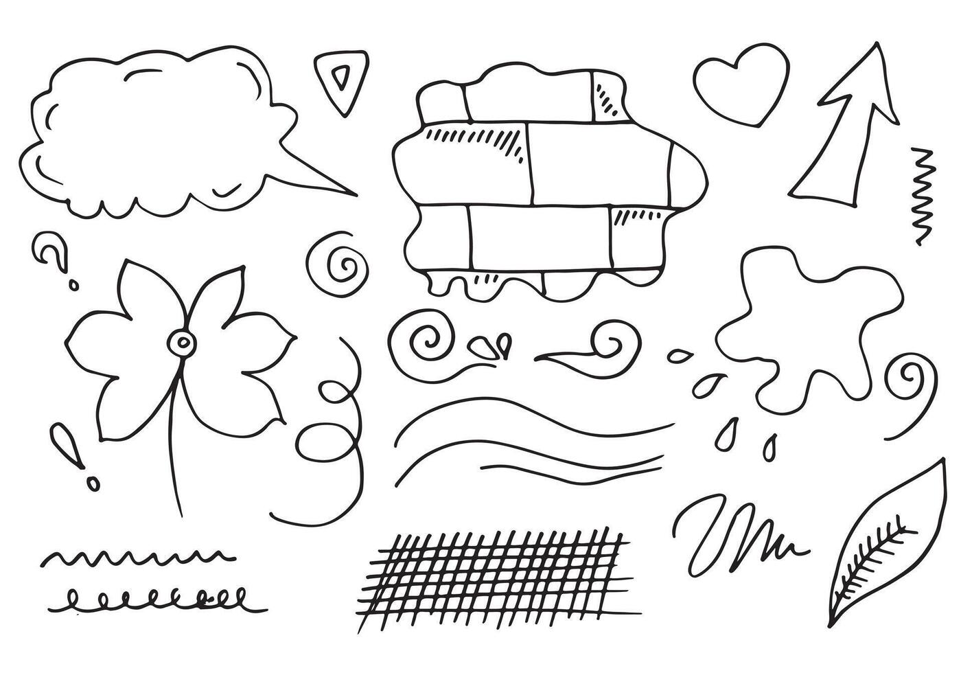 hand drawn set element,black on white background.arrow,heart,love,star,leaf,sun,light,flower,crown,king,queen,swishes,swoops,emphasis,swirl,heart,for concept design vector