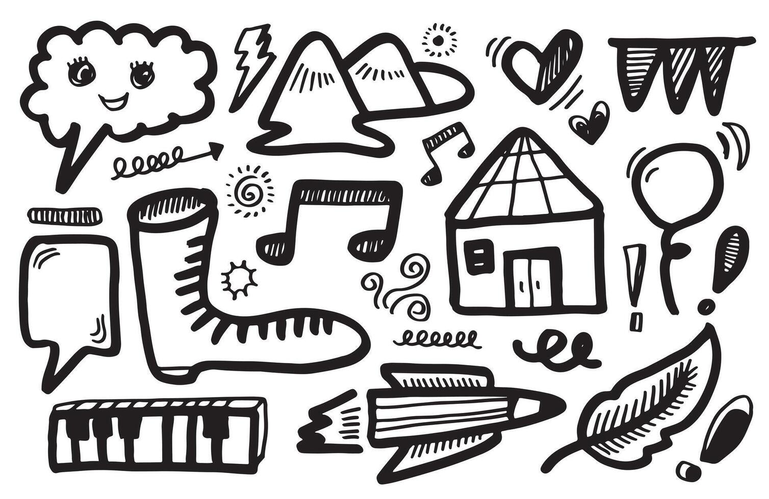 Hand drawn doodle design elements.thunderbolt, cloud, Arrow, heart, shoe, hill, house. vector