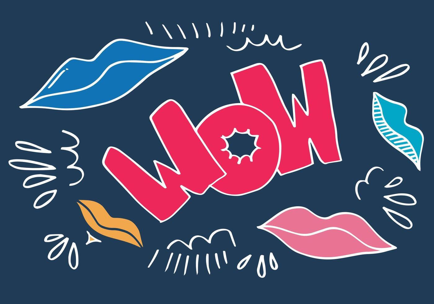 mouth with WOW text. Comic doodle sketch style. WOW icon lettering. vector