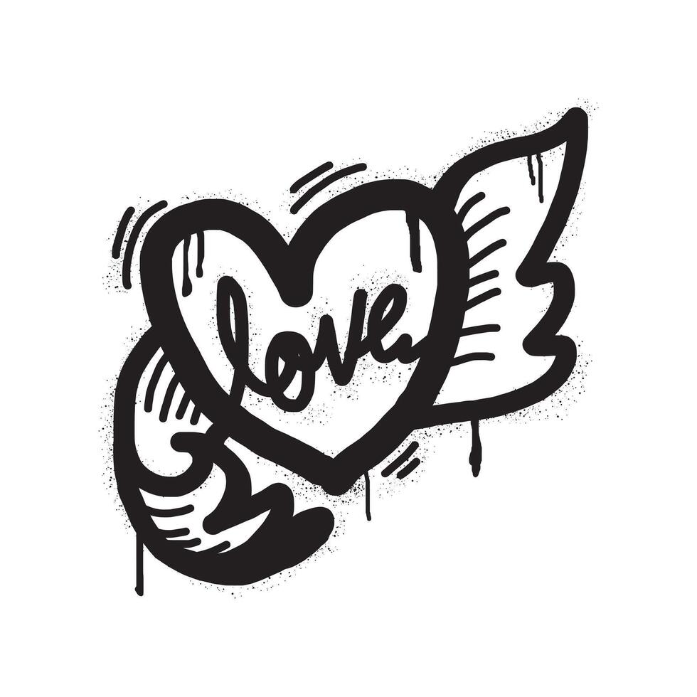 Spray Painted Graffiti heart wings icon Sprayed isolated with a white background. graffiti love wings symbol with over spray in black over white. Vector illustration.