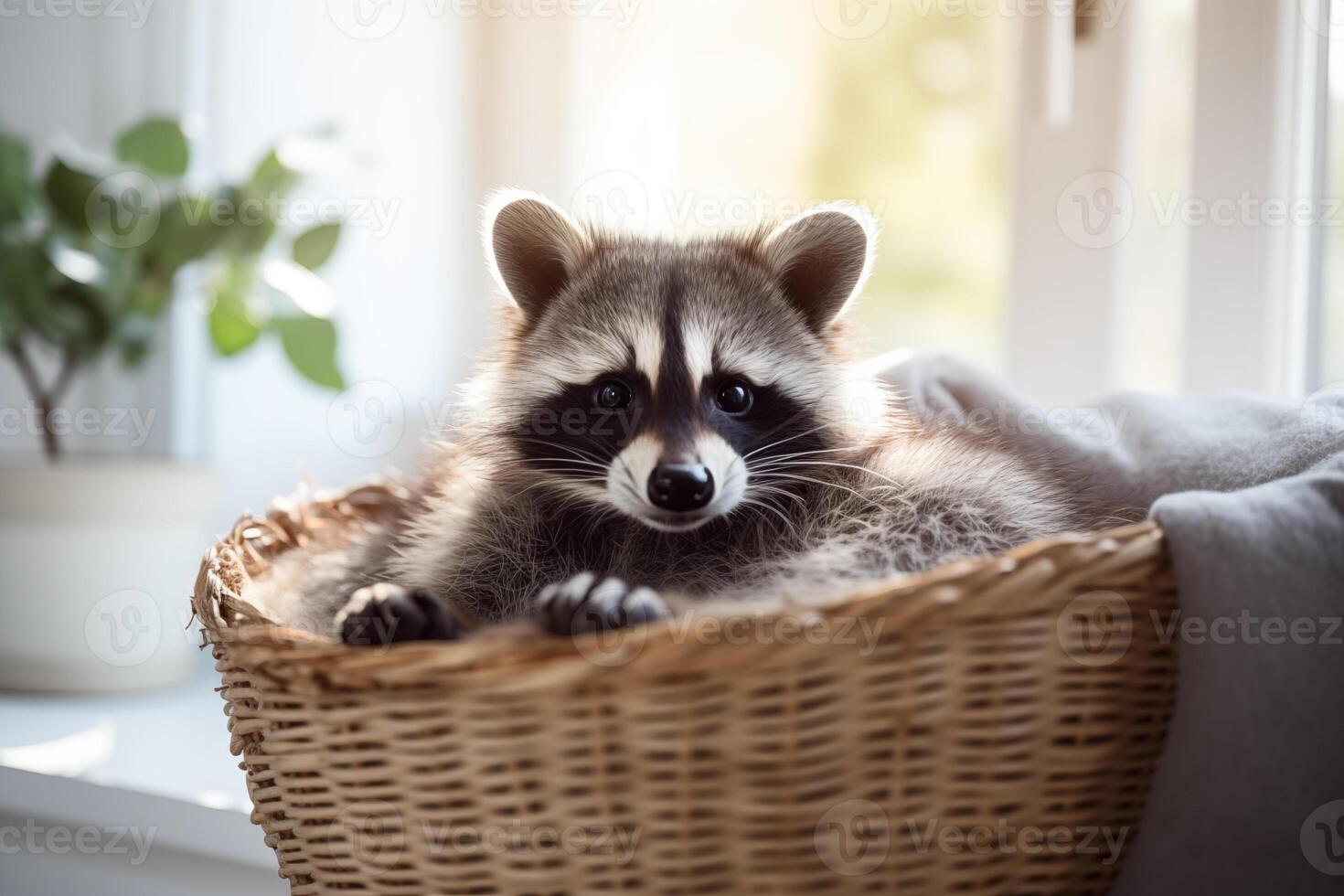 AI generated A cute young tame raccoon resting in a pet bed, space for text. photo