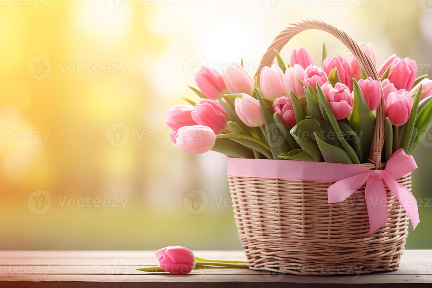 AI generated Bouquet of pink tulips in a basket outdoors, space for text. photo