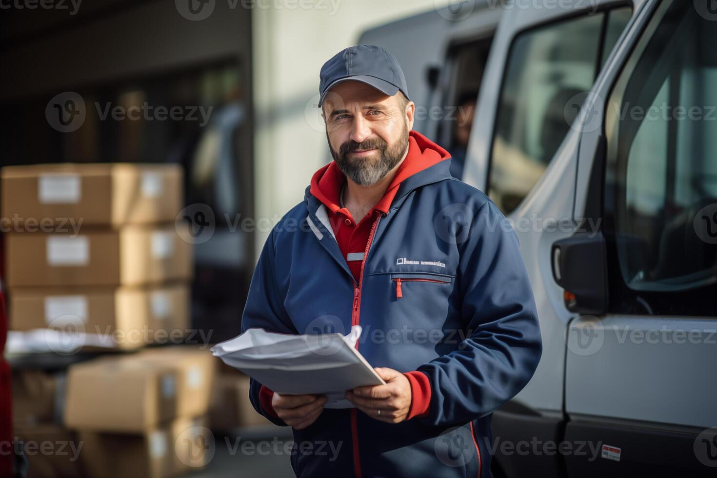 AI generated Portrait of delivery man checking the parcel for delivery in front of van. photo